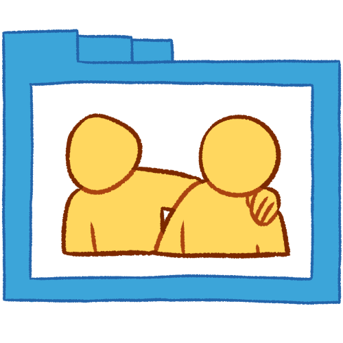 A drawing of a hollow blue folder with thin lines containing two emoji yellow people from the bust up, with one putting their hand on the other
